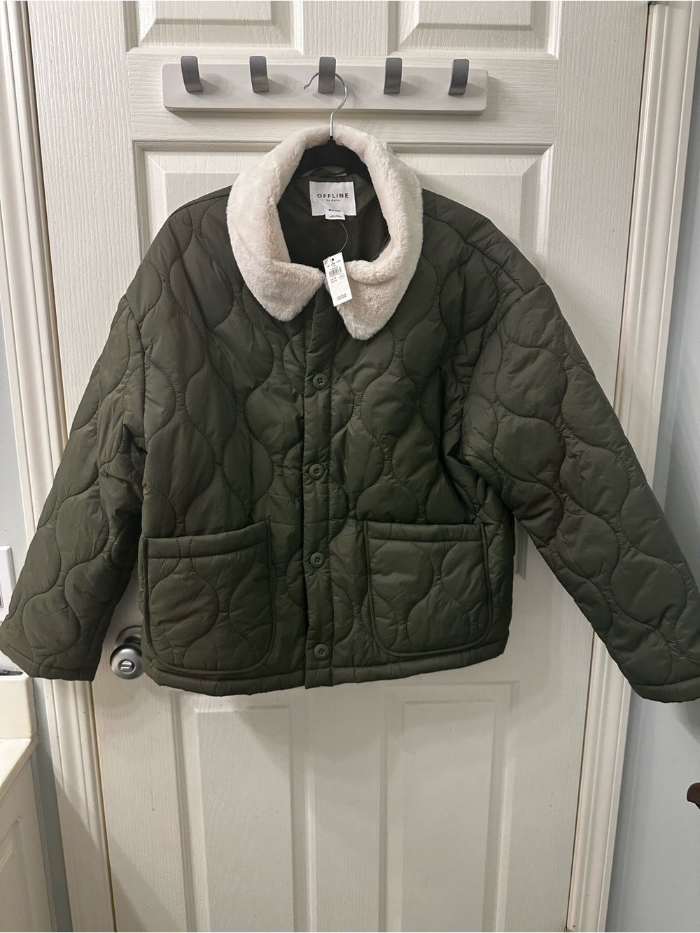aerie Olive Quilted Puffer Jacket with Cream Faux-Fur Collar